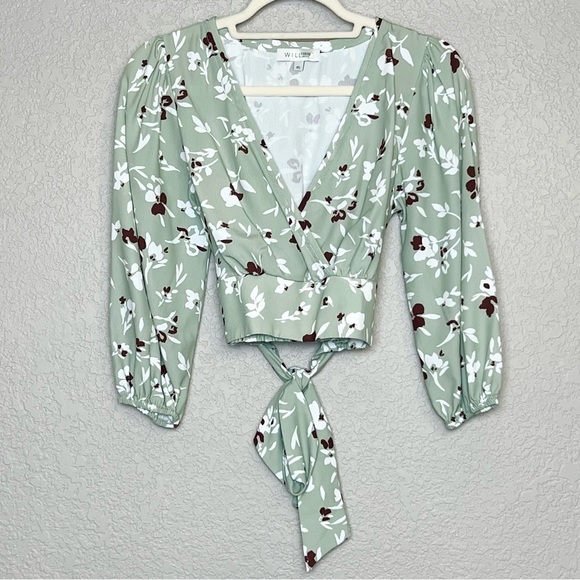 WILLOW 70s Sage Floral Print Wrap Tie Waist Puffed 3/4 Long Sleeve Crop Top XS - Picture 6 of 11
